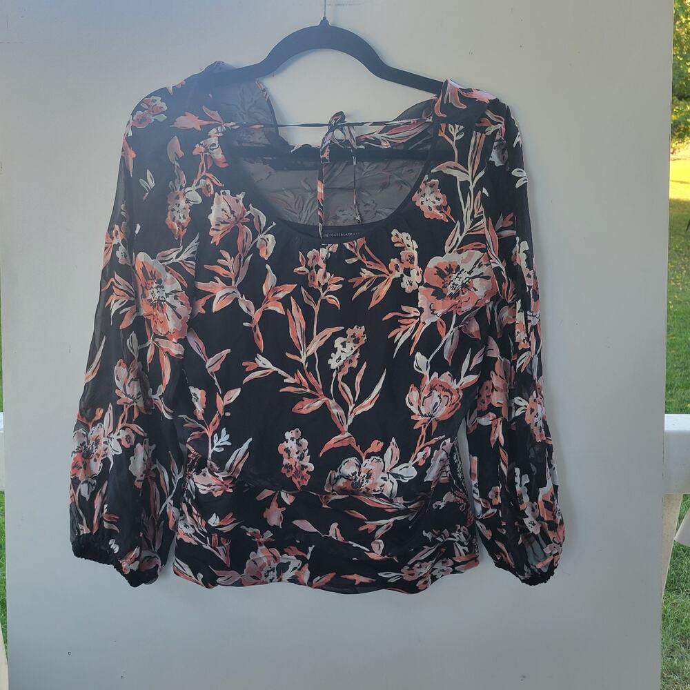 White House Black Market‎ Size 4 Floral Burnout Draped Blouse Silk Rayon.